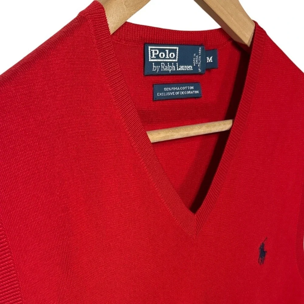 VTG Polo Ralph Lauren Red Pima Cotton Blue Pony V-Neck Sweater Vest Medium‎ EUC